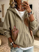 Casual Cat-print Zip-up Hoodie