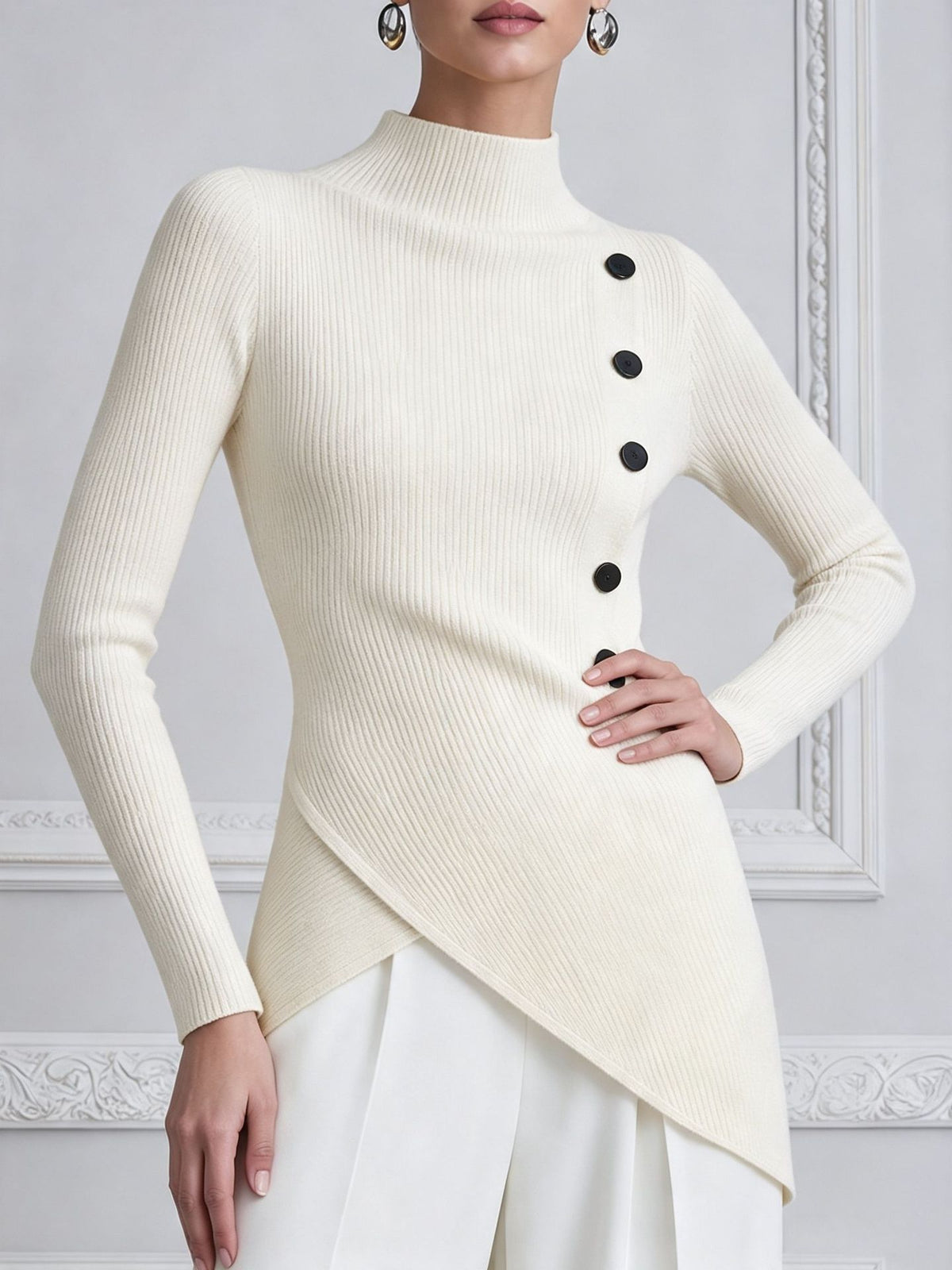 Chic Ribbed Knit Asymmetrical Button Top