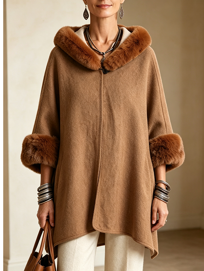 Cozy Fur-trimmed Hooded Poncho