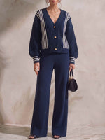 Set casual a maglia larga da donna: cardigan a maniche lunghe con scollo a V e pantaloni a gamba larga a vita alta