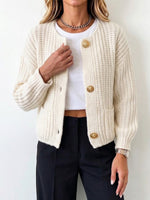 Round Neck Chunky Knit Gold‑button Cropped Cardigan