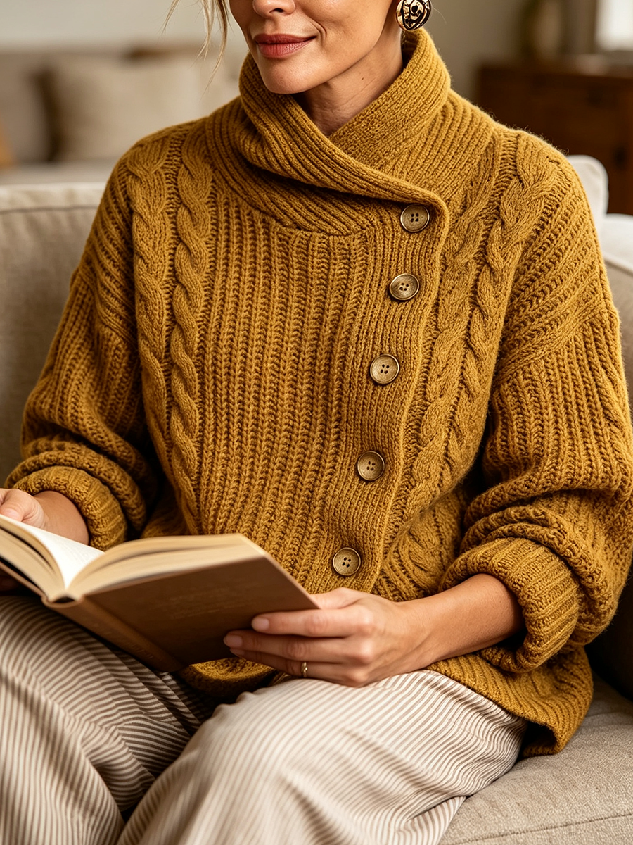 Cozy Chic Mustard Cable-knit Asymmetrical Cardigan Sweater