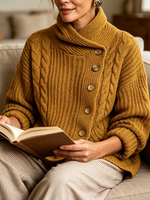 Cozy Chic Mustard Cable-knit Asymmetrical Cardigan Sweater