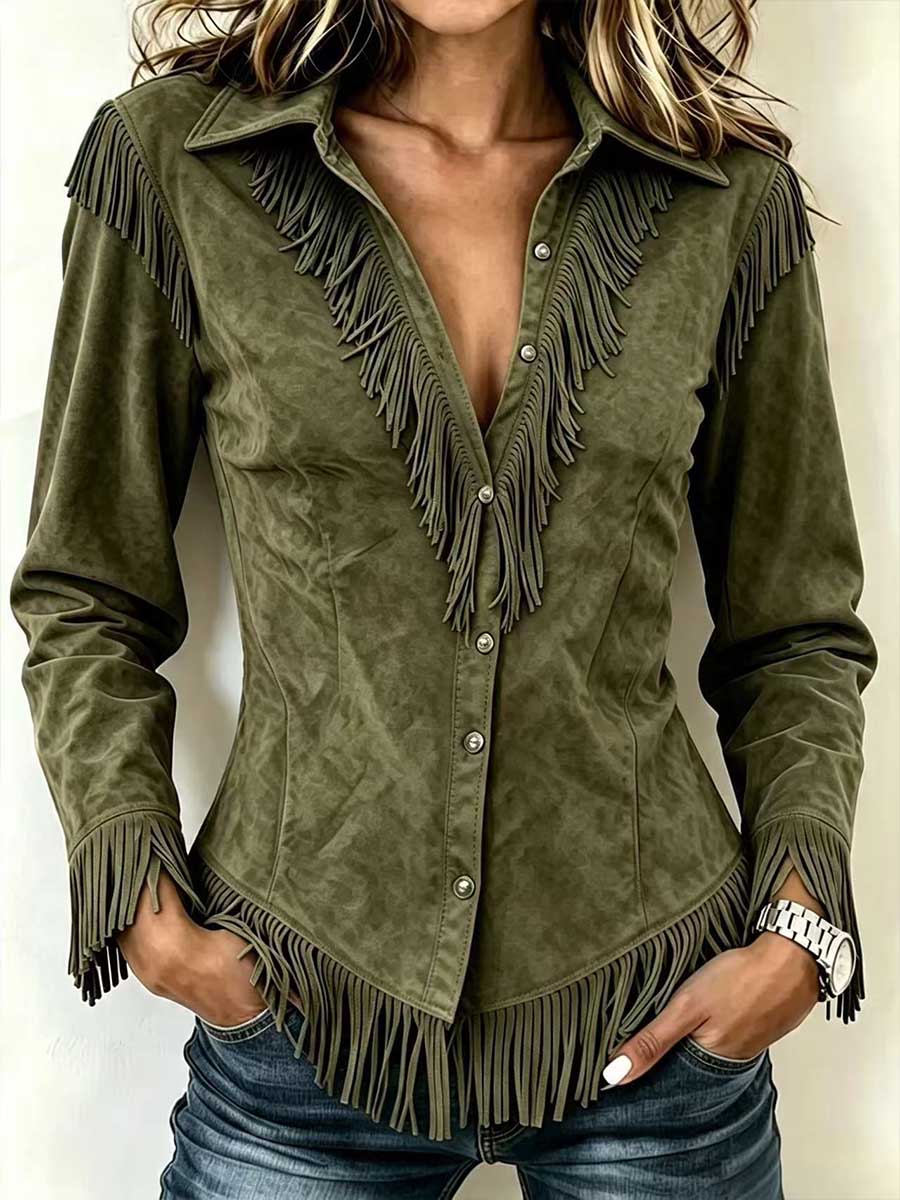 Women's Solid Color Collared Long-sleeved Casual Loose Faux Suede Tassel Shirt
