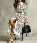 Schickes, geometrisch gestreiftes Midi-Hemdkleid mit Knopfleiste und Bindegürtel