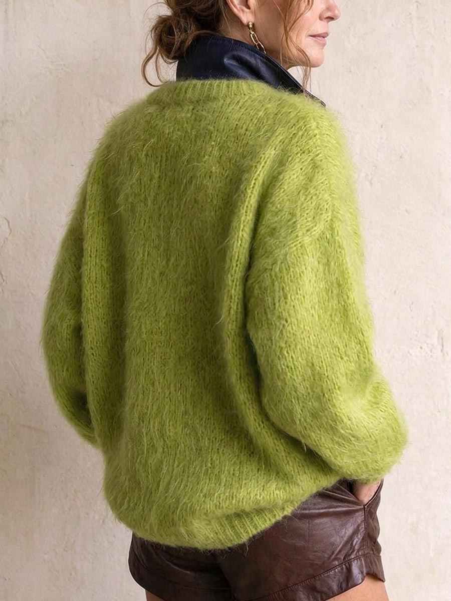 Maglione pullover con zip a un quarto fuzzy verde lime da donna