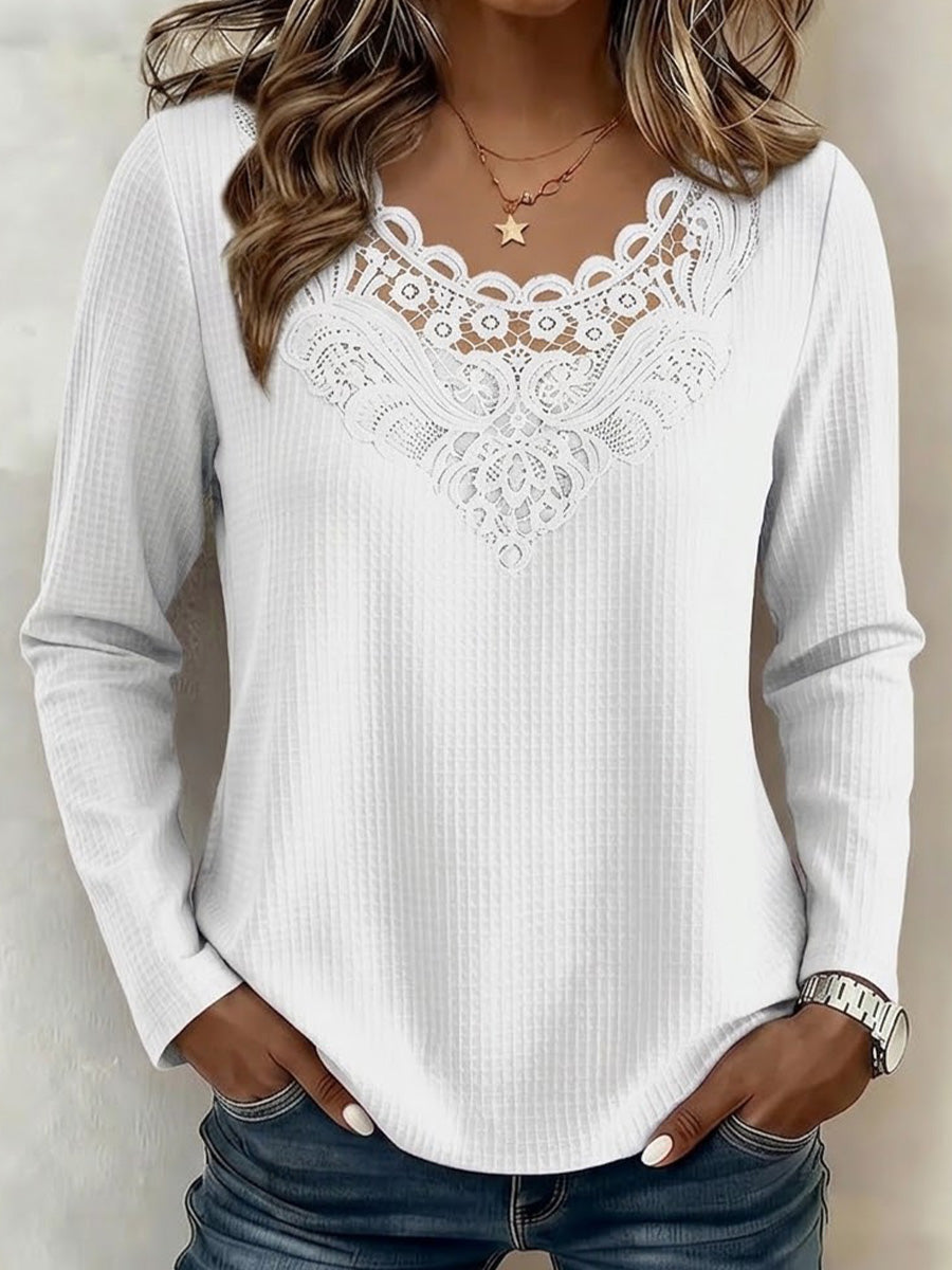 Solid-color Long-sleeve Top With Lace Splicing And Cut-out Details