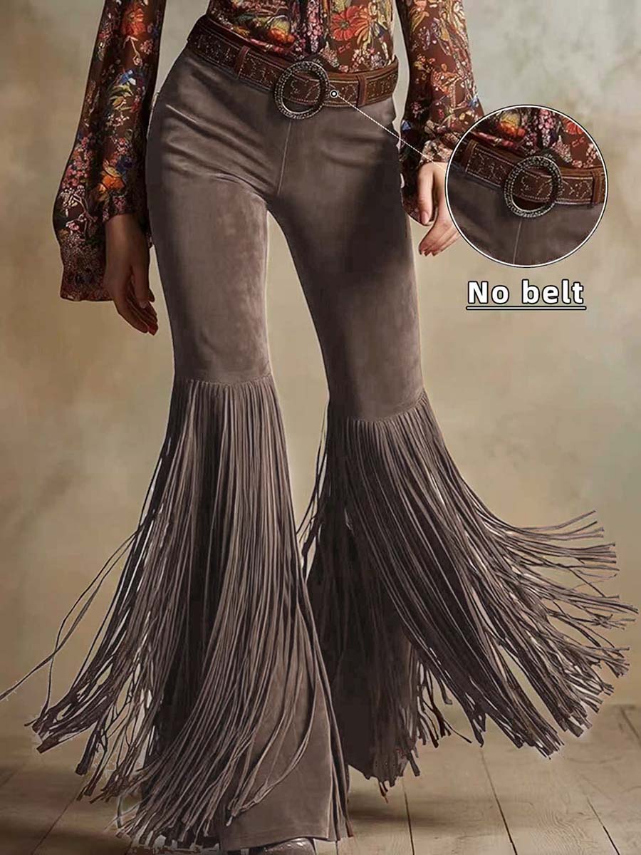 Pantalones acampanados con flecos de ante sintético occidental para mujer