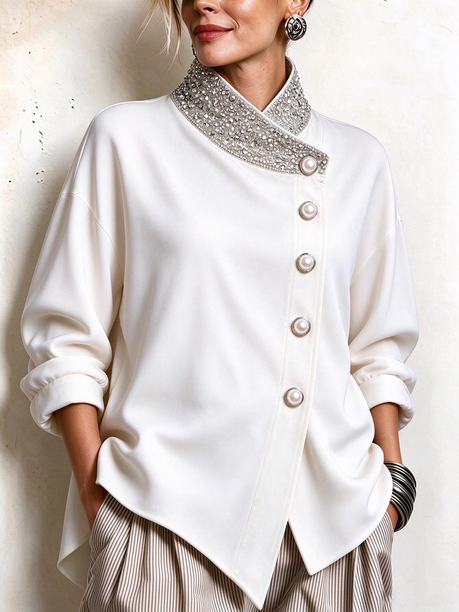 Asymmetrical Rhinestone Collar Button-up Top