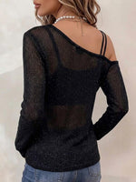 Top da donna in maglia a maniche lunghe asimmetriche a tinta unita con spalle scoperte e doppie spalline (vestibilità ampia)