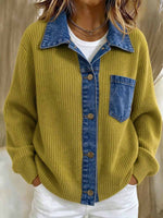 Women's Ribbed Knit Sweater With Contrast Denim Patchwork