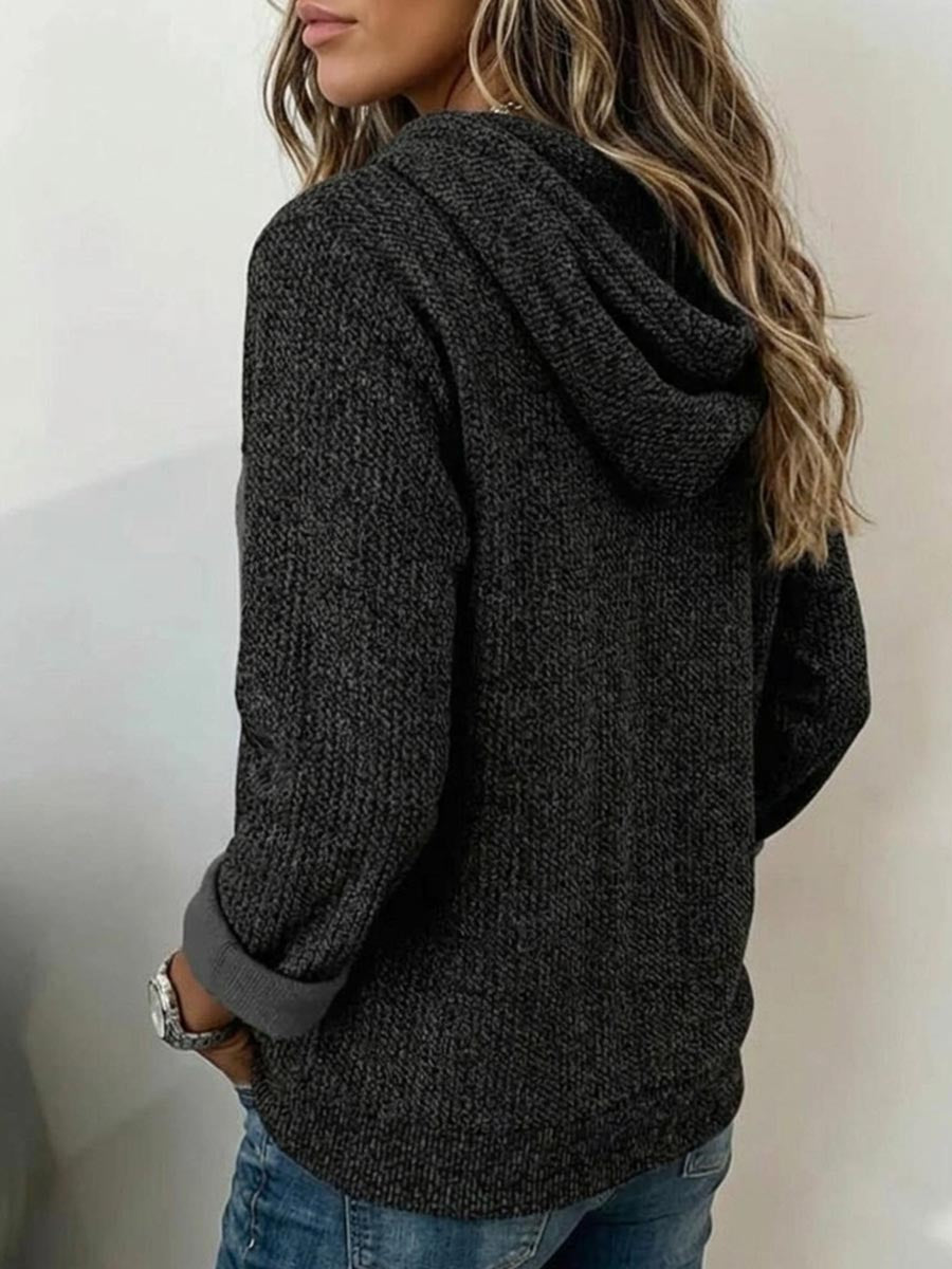 Women's Autumn/Winter 3D Digital Print Faux Knit Color Block Hoodie with Trompe l'œil Zipper