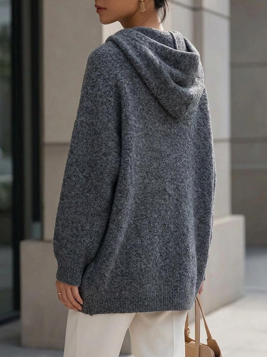 Women's Casual Zip-up Knit Hoodie Cardigan With Denim Patch Pockets