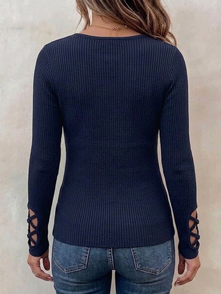 Ribbed Knit Long-sleeve Top With Crisscross V-neck
