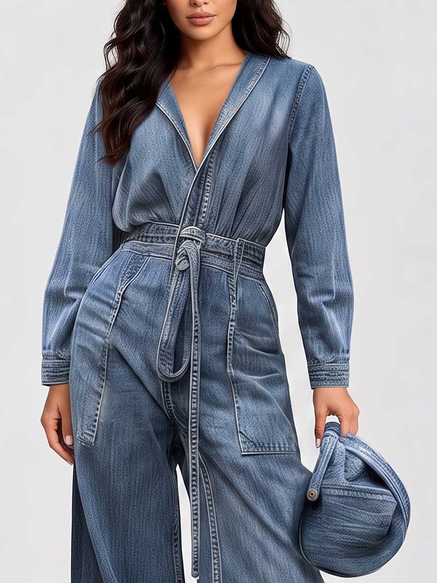 Women's V-neck Long-sleeved Casual Loose-fitting Denim Wide-leg Jumpsuit With Drawstring