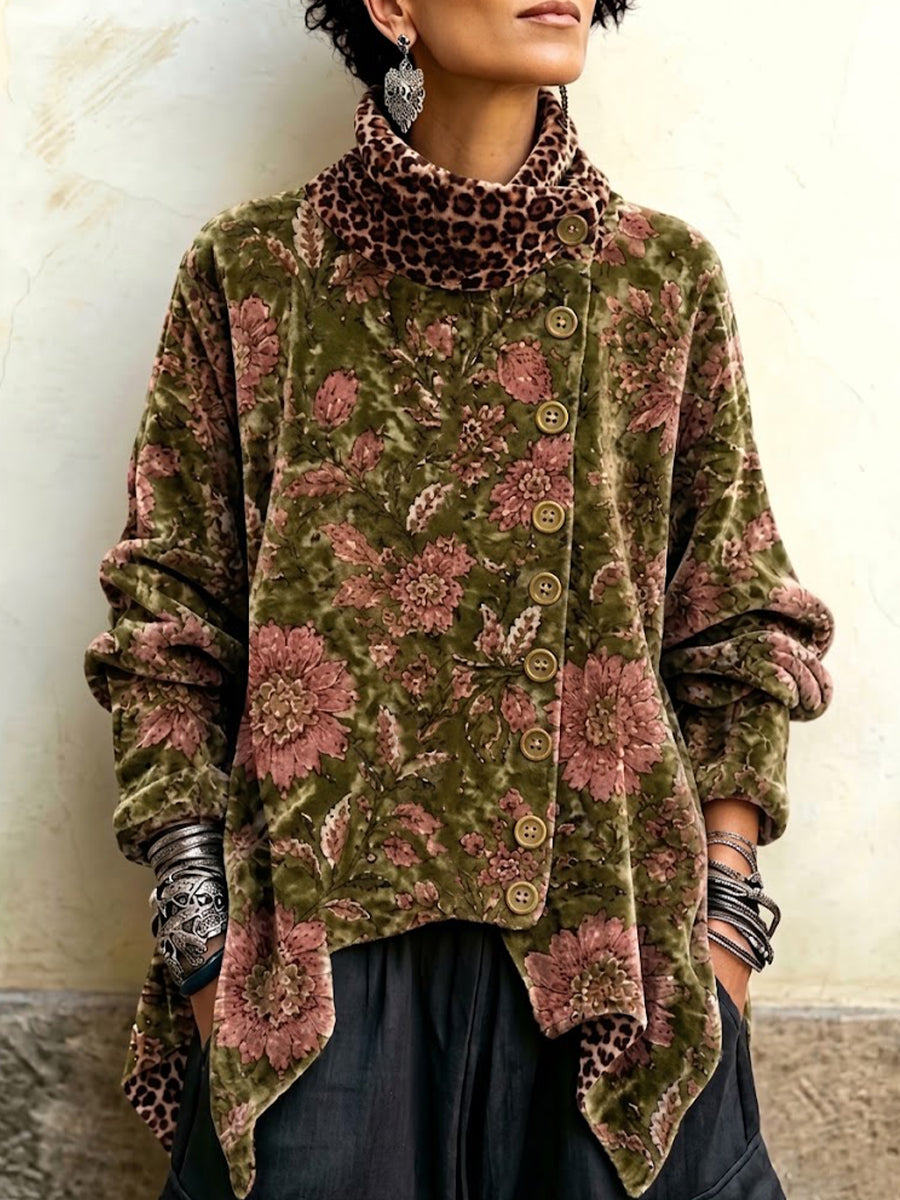 Asymmetrisches, hochgeschlossenes Samtoberteil mit Leoparden- und Blumendruck und Knopfleiste vorne