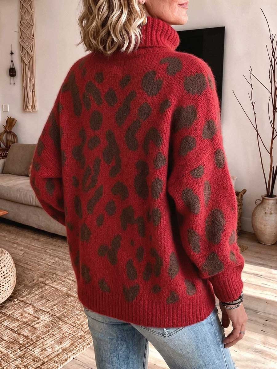 Maglione dolcevita con stampa leopardata rossa da donna con tasca in pelle
