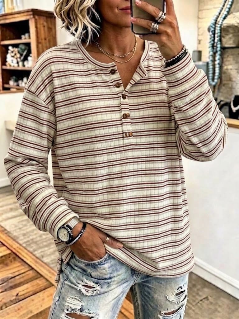 Gestreiftes Henley-Hemd mit langen Ärmeln im Vintage-Stil