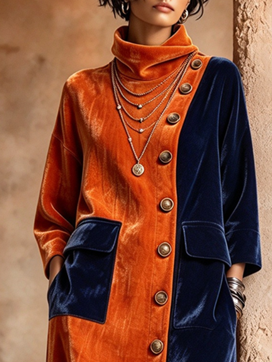 Künstlerisches, farbblockierendes, asymmetrisches Samt-Maxikleid