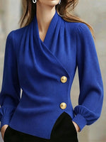 Elegant Royal Blue Wrap-front Ribbed Knit Top