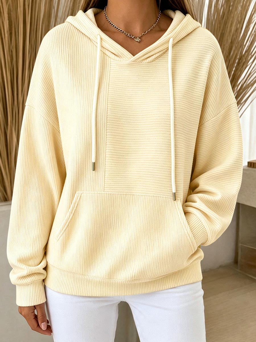 Felpa con cappuccio pullover casual in maglia a coste da donna con tasca a marsupio
