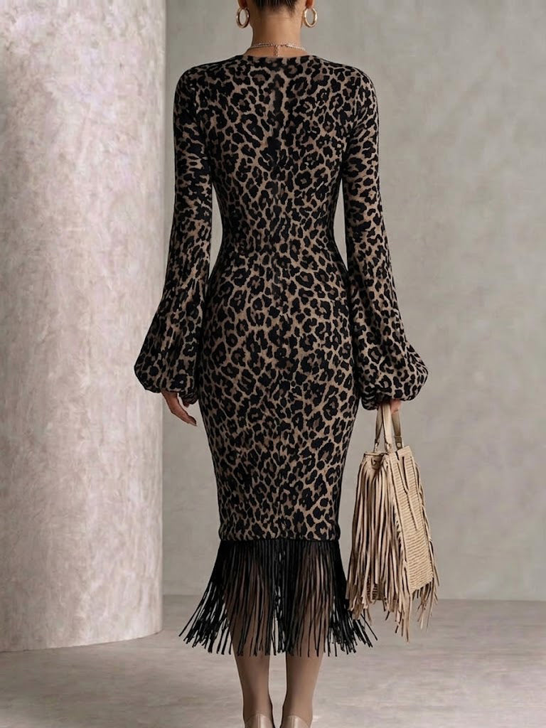 V-neck Slim-fit Leopard Print Knitted Dress With Tassels