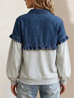 Denim Spliced Ruffle Half‑placket Sweatshirt
