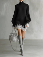 Chic And Refined Loose-fit Knit Mini Dress With A High Neck And Lace Trim.