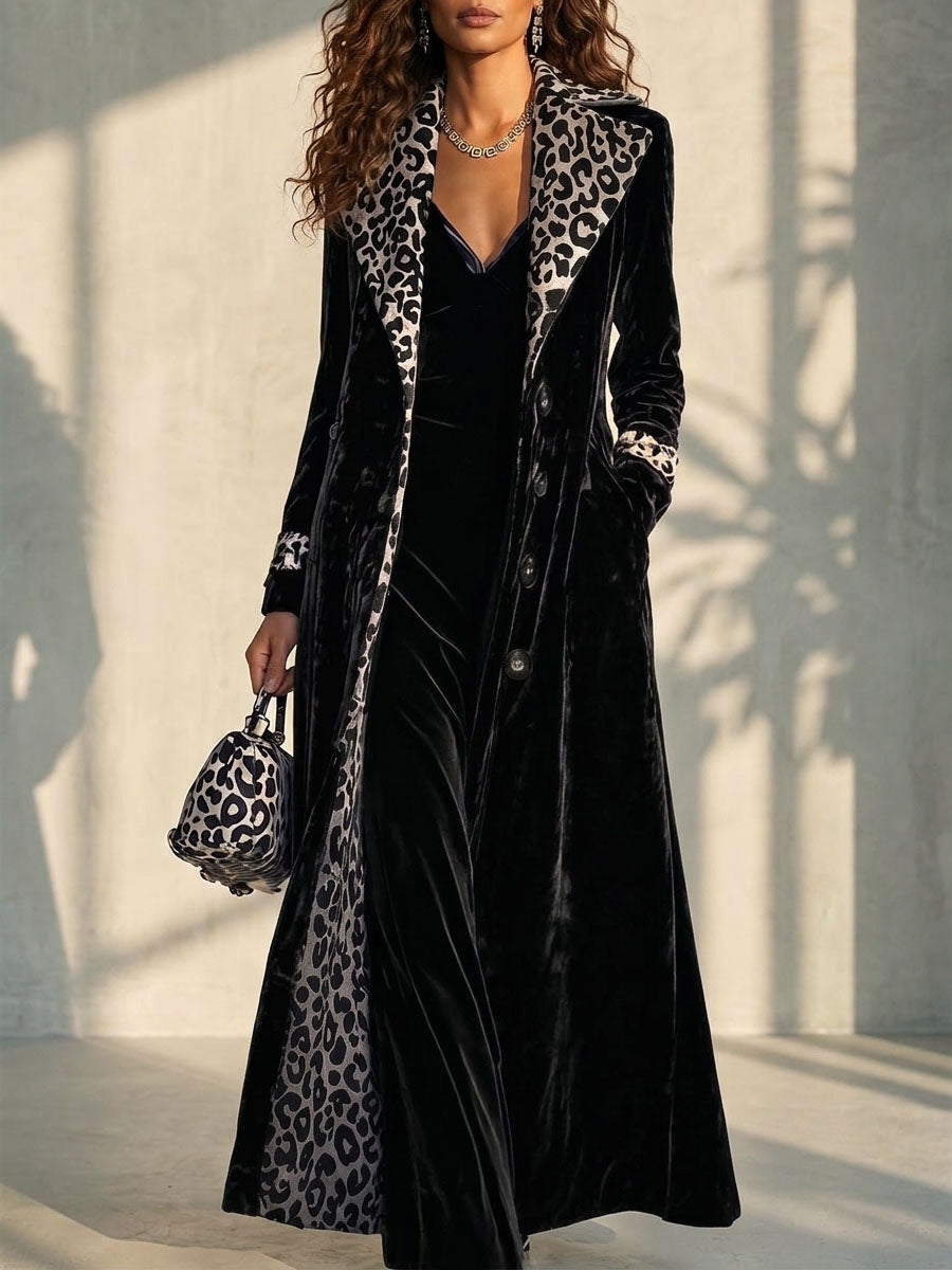 Damen-Retro-Samt-Langmantel mit Leopardenmuster, Farbblock-Revers und Inneneinsätzen, einreihiger Langarm-Trenchcoat