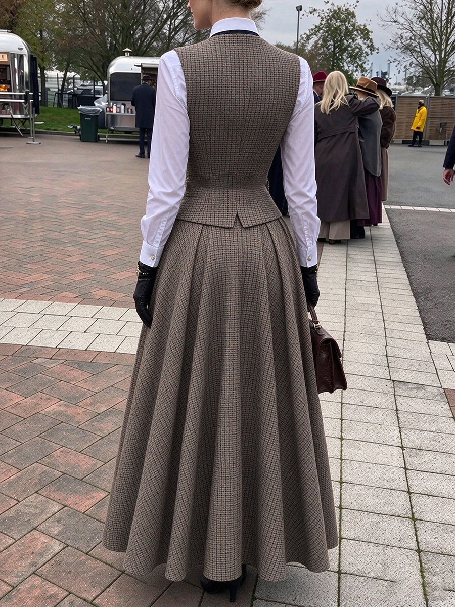 Zweiteiliges Set aus karierter Weste und langem Rock aus Wollmischung im Vintage-Stil