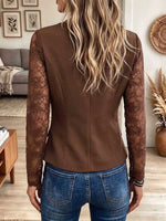 Blazer elegante con botones y cuello en V empalmado de encaje para mujer