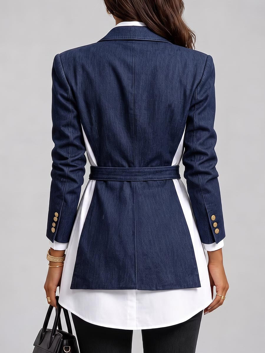 Women's Suit Collar Long Sleeve Casual Loose Denim Patchwork Jacket