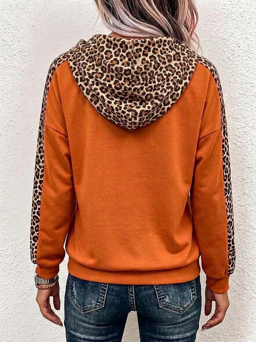 Women's Leopard Print Panel Long-sleeve Casual Loose Hoodie