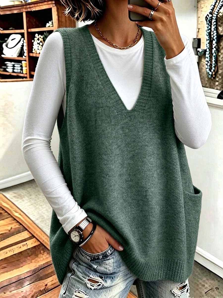 Gilet maglione lavorato a maglia oversize con scollo a V da donna con tasche