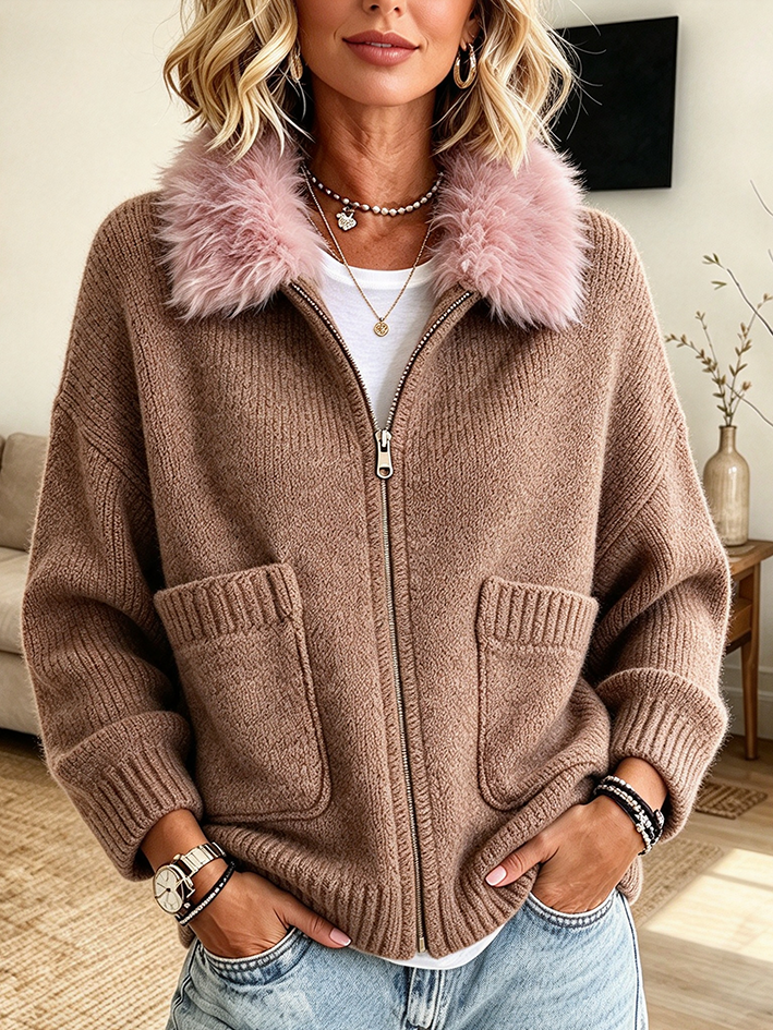 Lässiger, stilvoller Plüsch-Cardigan mit Kunstpelzkragen
