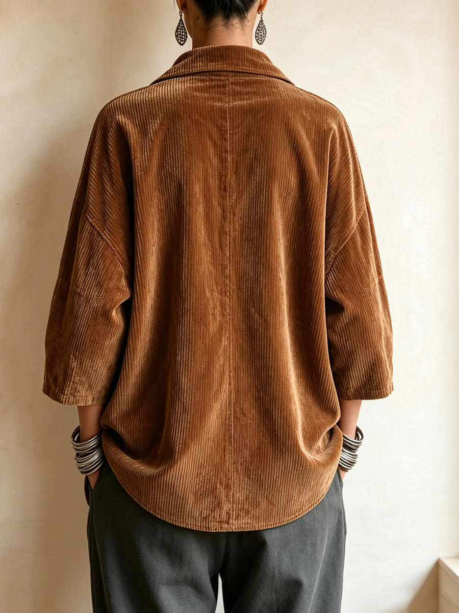 Cozy Relaxed Asymmetrical Cut Corduroy Blouse