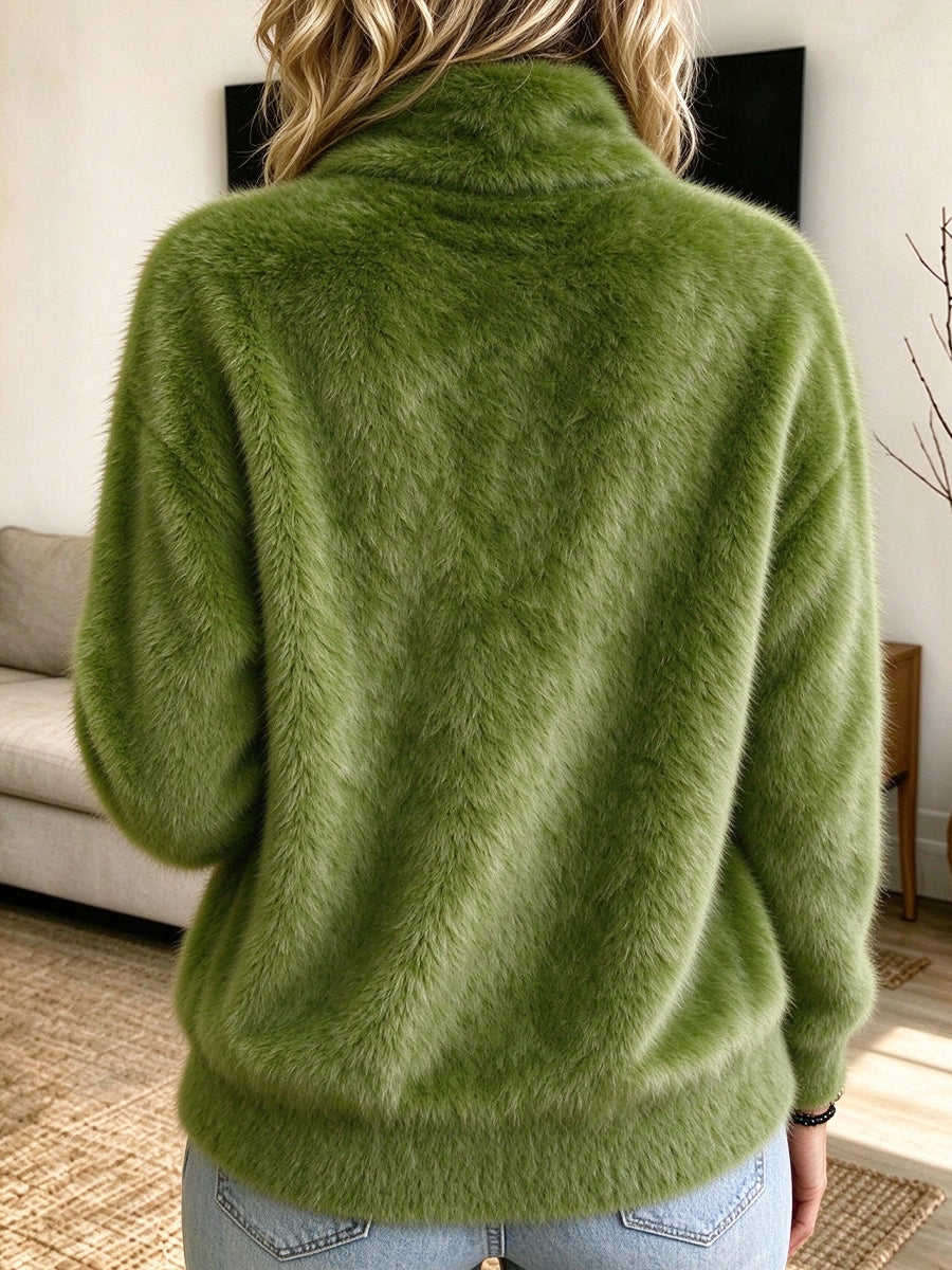 Komforta Brila Verda Plush Trikita Cardigan Kun Staranta Kolumo