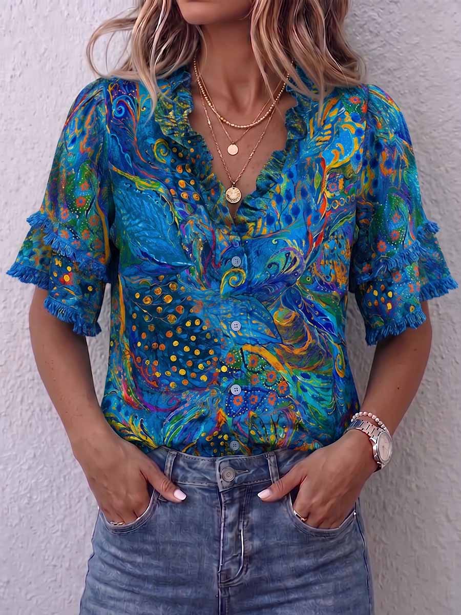 Women's Abstract Pattern Print Ruffled V-neck Short-sleeve Casual Loose Cotton Linen Shirt