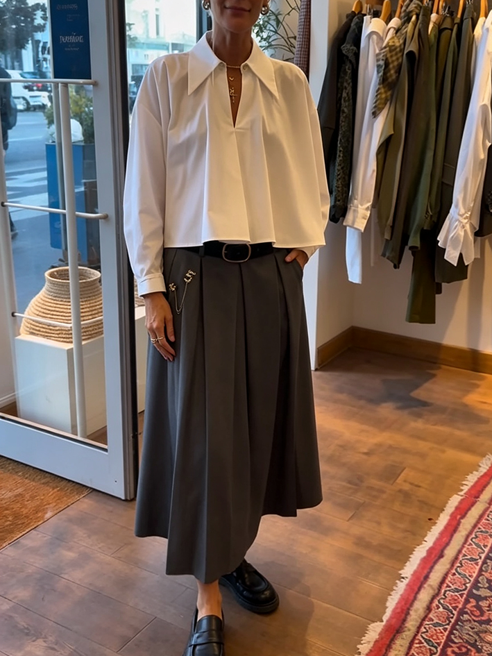 Elegant Pleated White Shirt And Grey Skirt Set