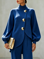 Elegant Royal Blue Asymmetric Knit Top With Gold-tone Button