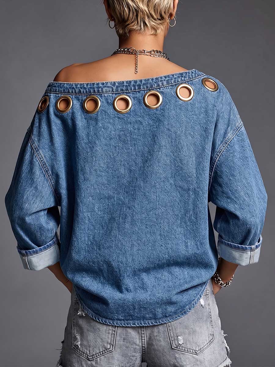 Women's One-shoulder Neckline Long-sleeved Casual Loose Denim Top