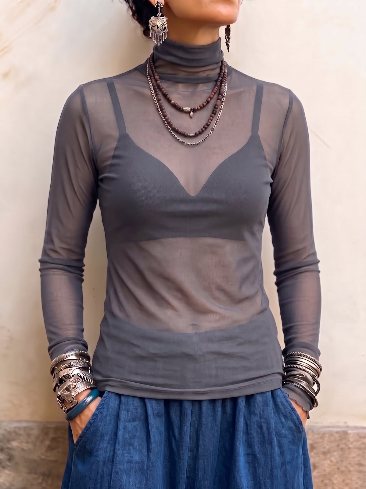 Ŝika Sheer Mock-Neck Mesh Top