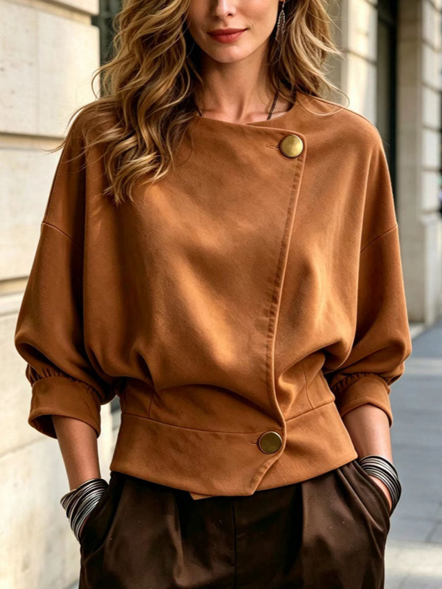 Virina Solida Koloro Crew Neck Batwing 3/4 Maniko Casual Loose Top
