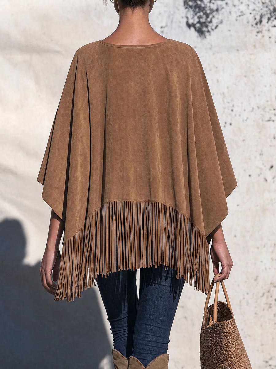 Virina Solida Koloro Kreva Kolo Longa Maniko Faux Suede Malfiksa Casual Kvasto-Supro