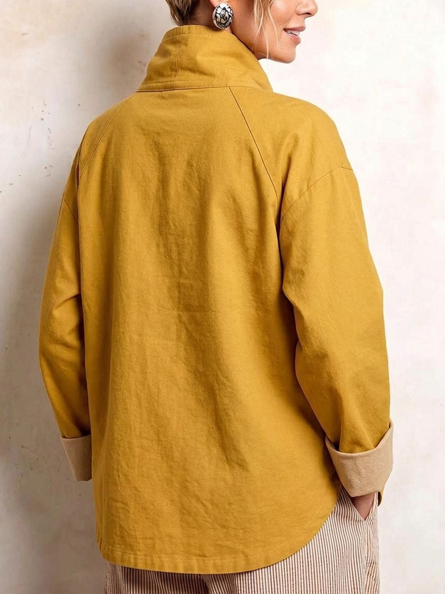 Top informal holgado para mujer con cuello alto, mangas largas y tapeta asimétrica