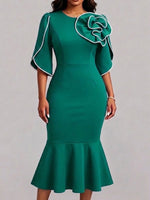 3d Floral Applique Flare Sleeve Mermaid Midi Dress