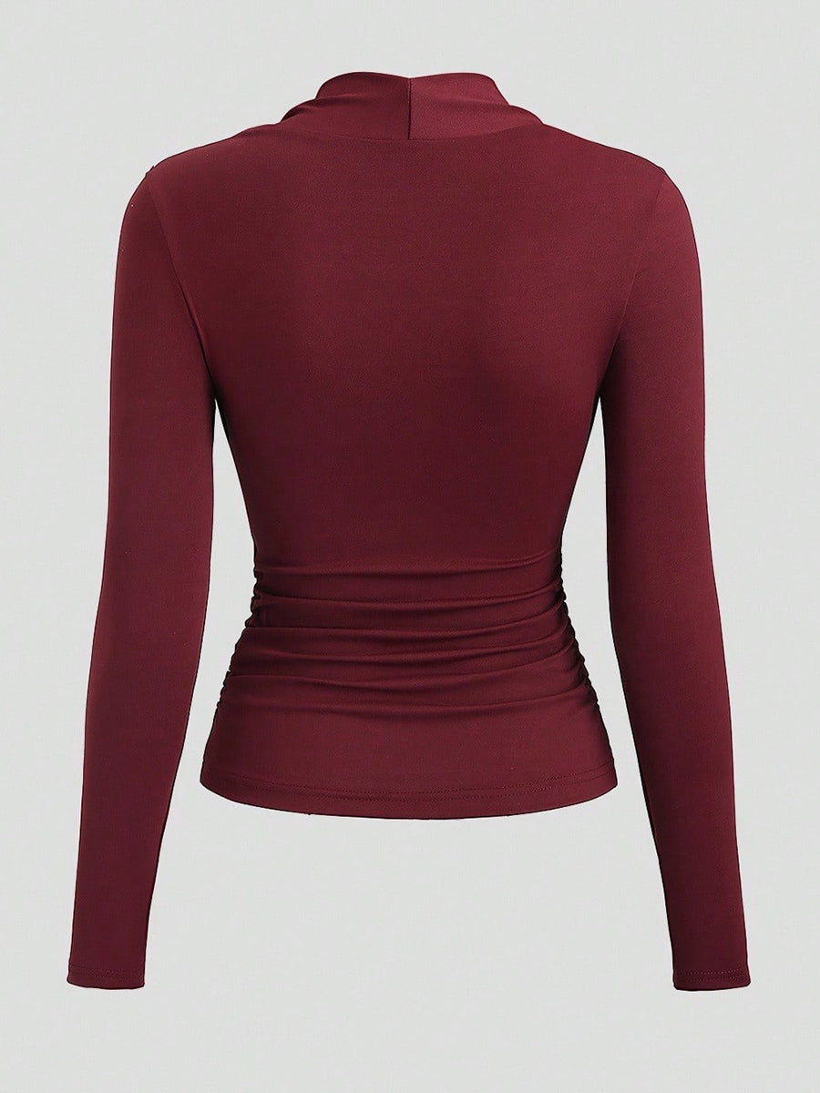 Stylish Casual Burgundy Long-sleeve Knit Top With Heart-shaped Neckline