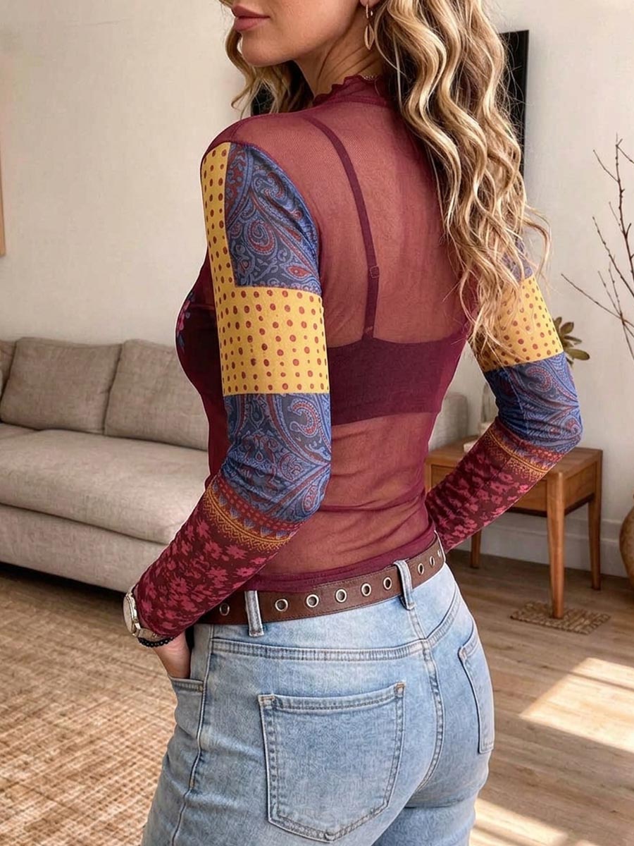 Top de cuello falso de manga larga con estampado floral de malla transparente para mujer