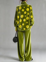 Chic Two-piece Set Featuring A Polka-dot Velvet Top And Solid-colored Trousers