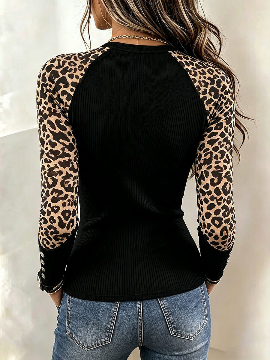 Chic Leopard-Sleeve Asymmetrical Zipper Ribbed Top